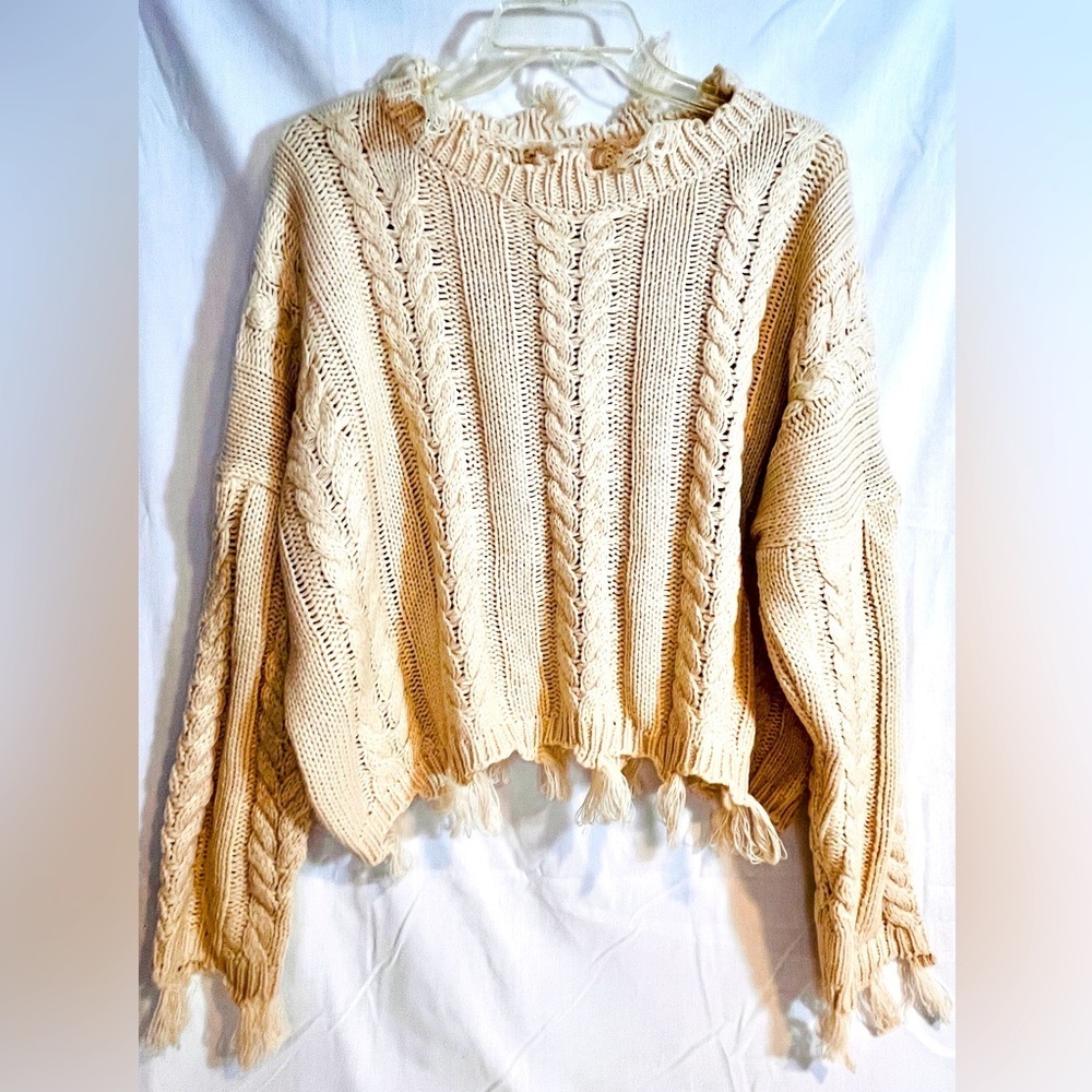 Altar’d State Distressed Fringe Knotted Cropped Sweater Size Medium